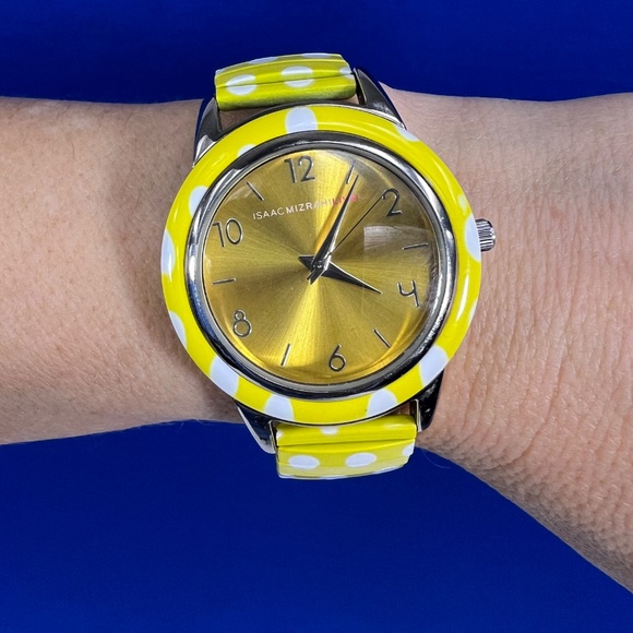 NWT/NIB🤩 |•ISAAC MIZRAH•| Live! Yellow & White Polka Dot Stretch Band Watch - Picture 2 of 12